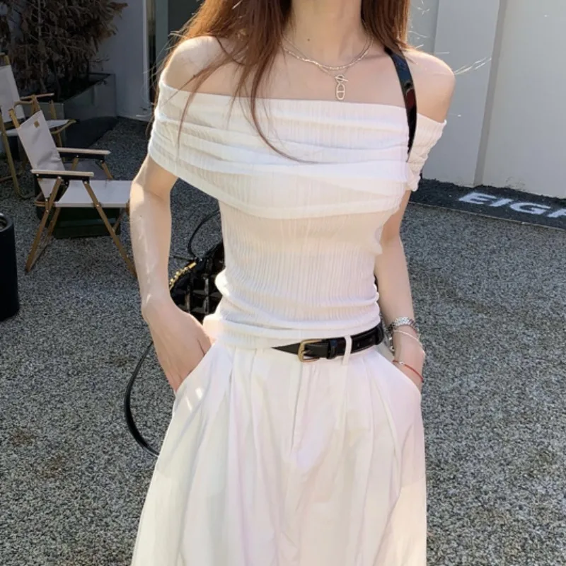 Solid Pullovers Women Slash Neck Simple All-match Summer Spicy Girls Causal Korean Fashion Off Shoulder Slimming Trendy Pleated