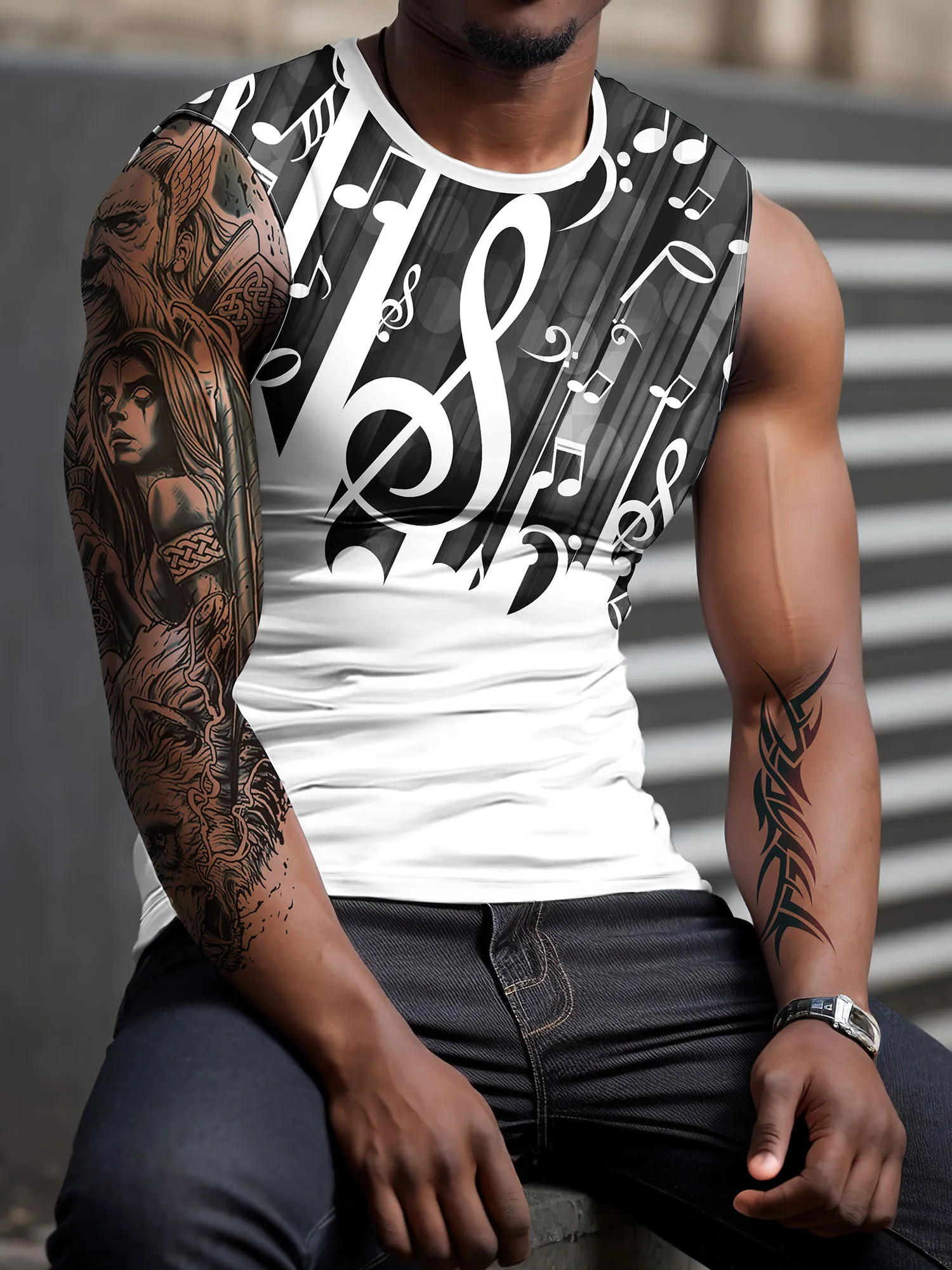 Spring/Summer Cool Men\'s Sleeveless T-shirt 3D Skull Music Symbol Print O-Neck Casual Street Tank Top Polyester Top S-5XL