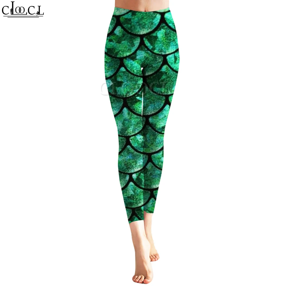 Cloocl mais nova moda feminina legging verde escuro padrão de escala de peixe legging para ginásio treino ao ar livre calças de jogging roupas esportivas