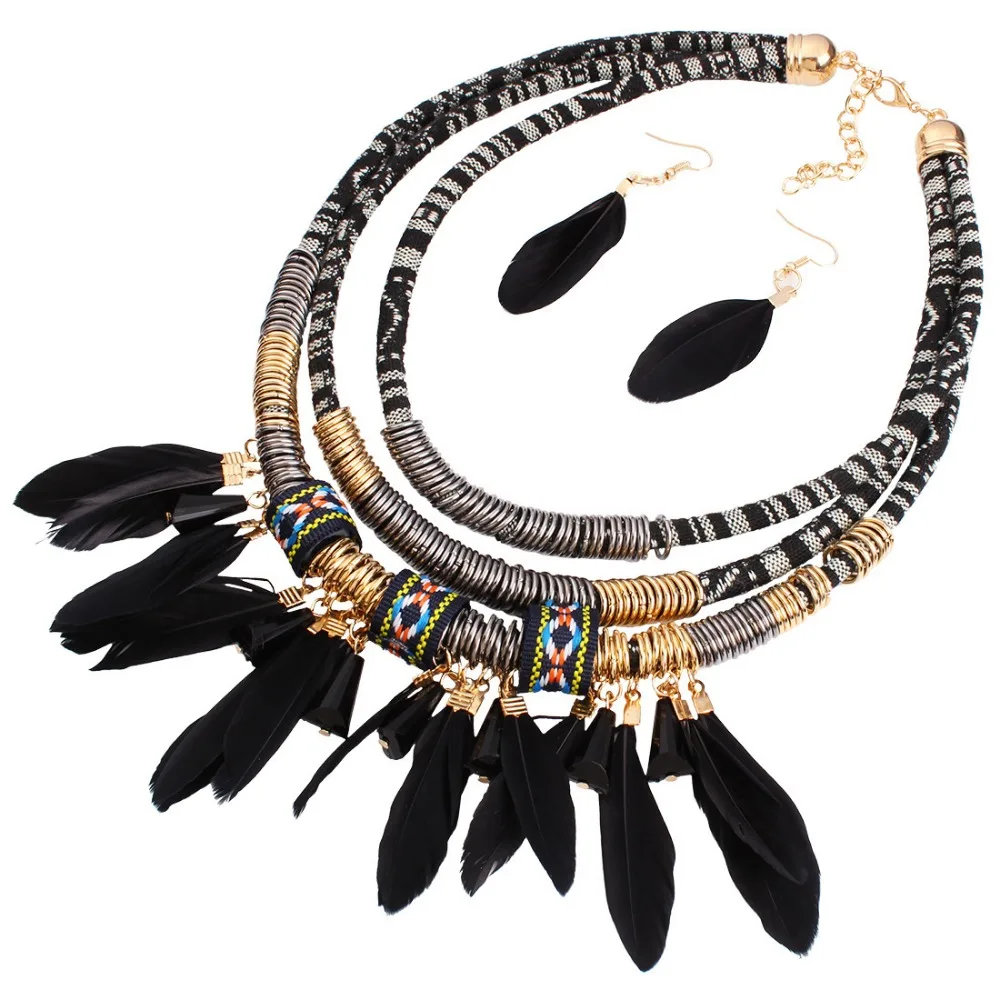

Vintage Bohemian Necklace Fashion Multilayer Ethnic Jewelry Set Feather Earrings Alloy Material Necklace Earrings Set