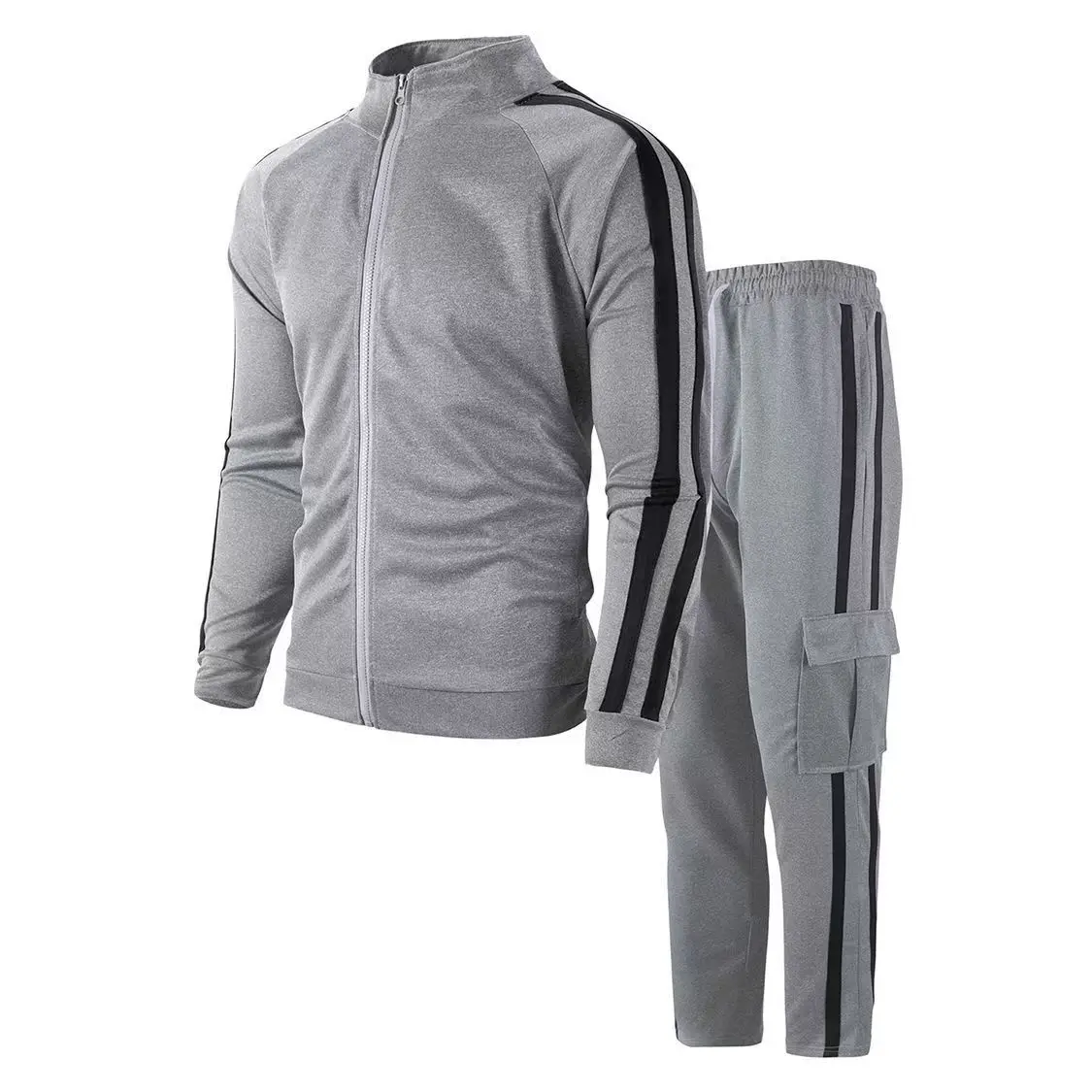 

2025 Spring and Autumn Men's Cardigan Striped Stand up Collar Sports Set Outdoor Jogging Cycling Mountaineering Two Piece Set