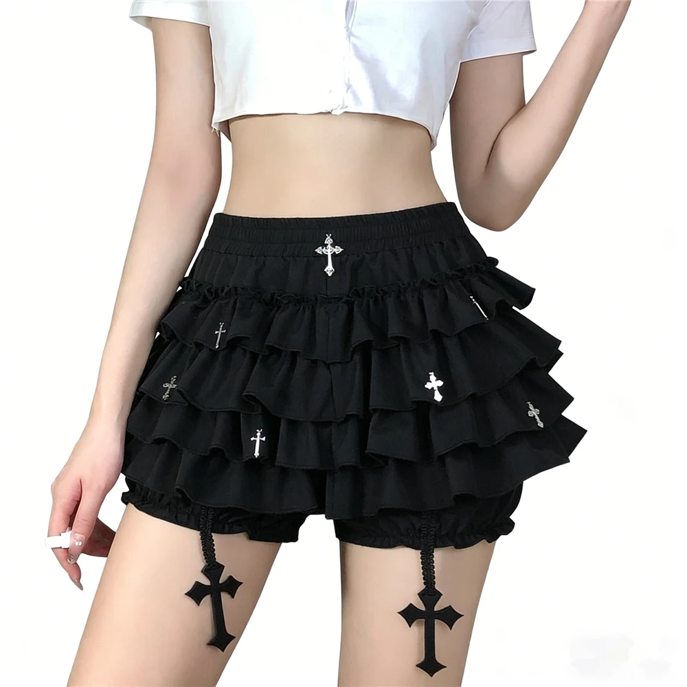 

Women Skirts Tiered Ruffles Mini Skirt with Cross Charms Built-in Shorts Kawaii Sukapan Skort Gothic Punk Coquette Y2K E-girl