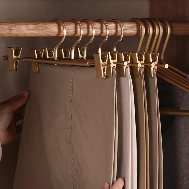 5pcs Matte Gold Trouser Hanger Anti Slip Metal Hangers Wardrobe Space Saver Clothes Pants Drying Rack Organizer Storage Racks