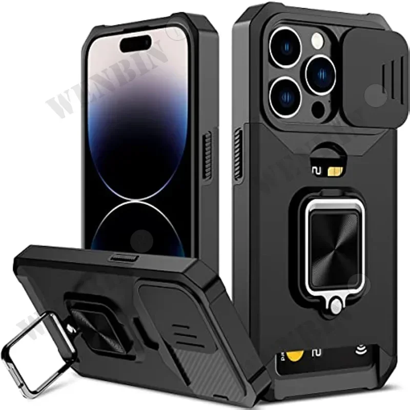 Case For iPhone 16 15 14 13 12 Pro Max Plus 8 7 Plus Mini SE Heavy Duty Protection With Sliding Camera Cover And Card Clip Cover