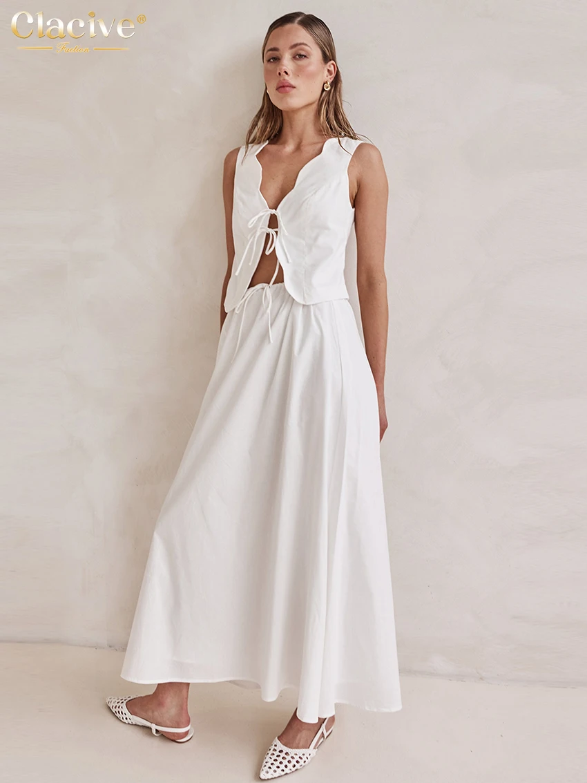 Clacive Summer Loose White 2 Piece Sets Women Outfit 2025 Fashion Sleeveless Tank Top With High Waist Mini Skirt Set Female