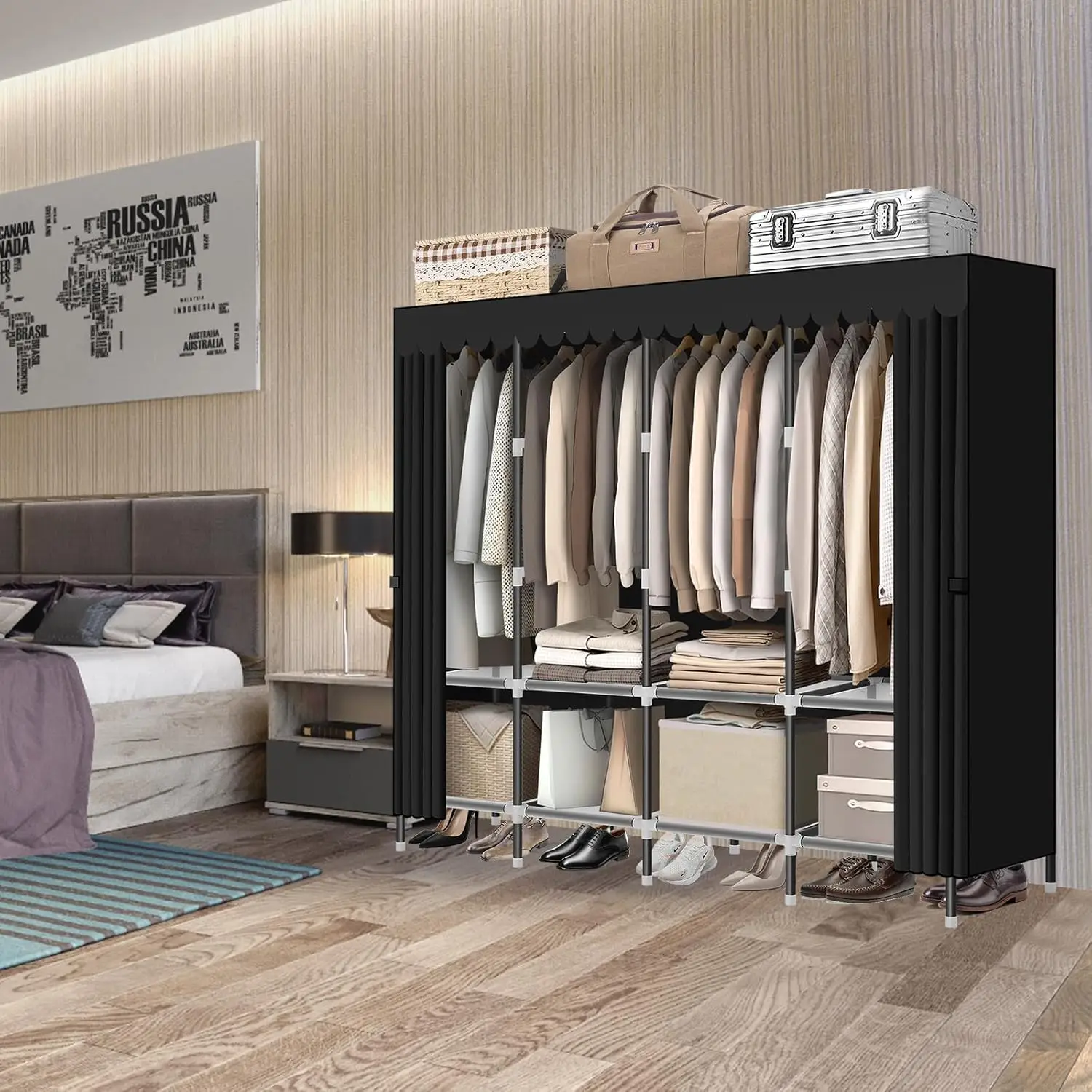 wardrobe-closet，black-portable-closet-with-zippers，654inches-19mm-diameter，portable-closets-for-hanging-clothes，with-4-booms