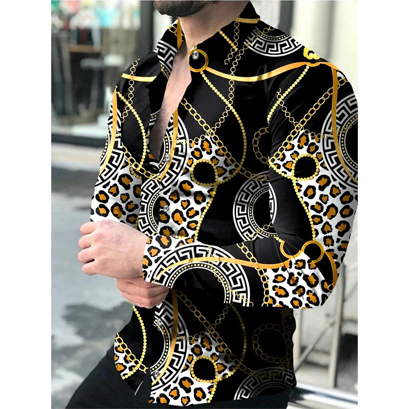 Camisa de manga larga con estampado de cadena de leopardo para hombre, ropa de calle informal de alta calidad, talla S-5XL, moda de lujo