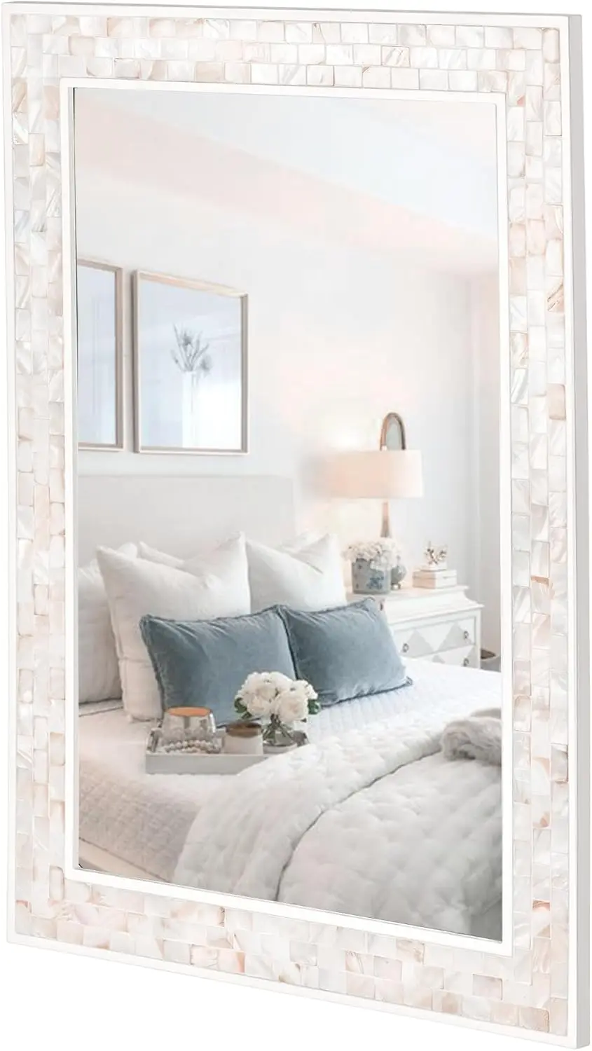 

White Wall Mirror. 20x28" Rectangle. Natural Shell Frame. Bathroom, Bedroom, Living Room, Entryway. Horizontal/Vertical