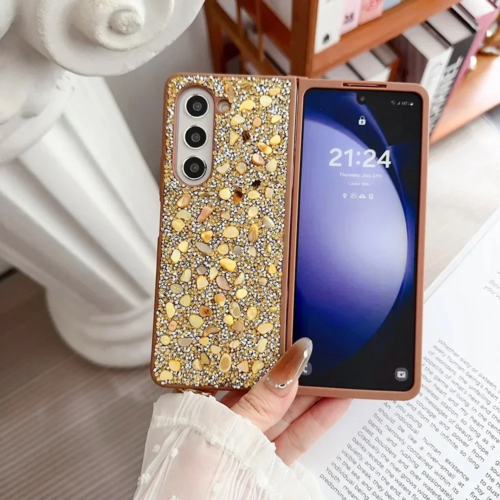 Phone Case For Samsung Galaxy Z Fold 5 4 3 5G Rhinestone Glitter Sequins Trim Soft TPU Frame Shockproof Back Cover