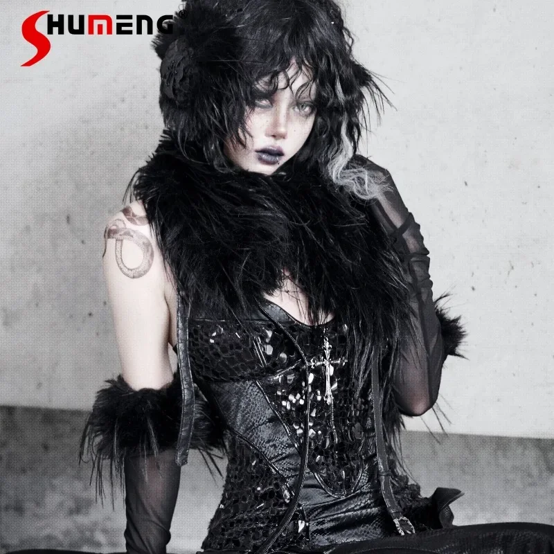 

Original Japanese Gothic Dark Style Black Long Woolen Shawl With Furry Collar Scarf Autumn And Winter Apparel Accessories Female