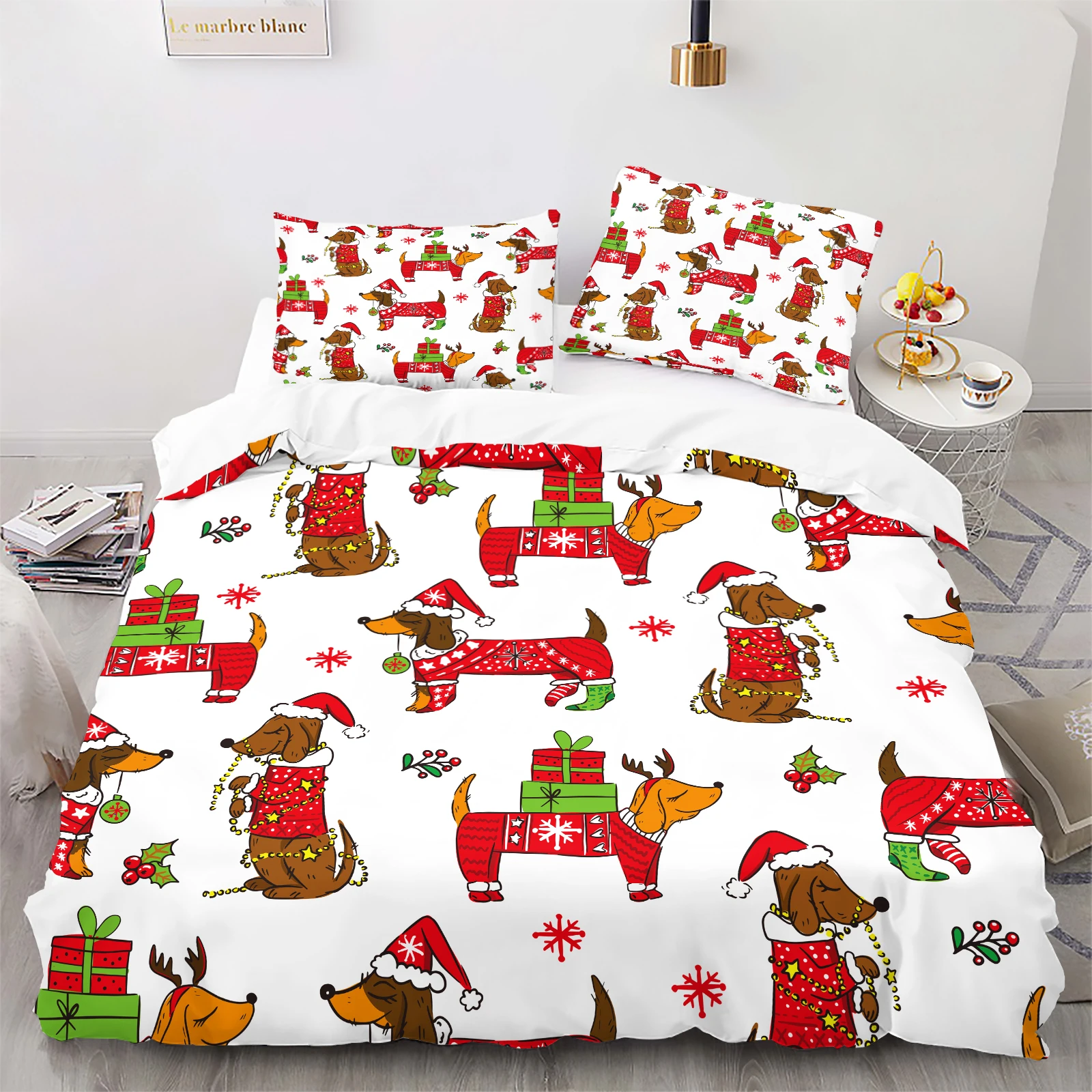 Festive Christmas Dachshund Duvet Set in Red Sweaters & Santa Hats. Holiday Bedding with Gifts & Snowflakes on White Background