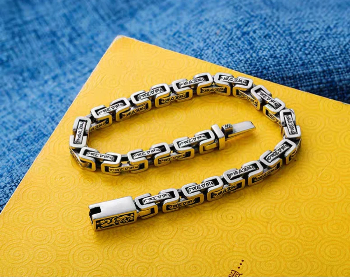 S925 Sterling Silver Six Word Truth Bracelet Male Retro Ethnic Style Old Thai Silver Jewelry Bracelet Gift For Boyfriend