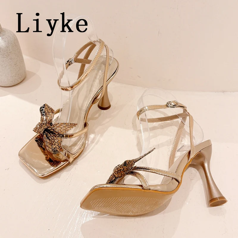 Liyke Fashion Design Crystal Bowknot Square Toe Elegant Sandal Women Wedding Party Shoes Gladiator High Heels Ladies Gold Silver