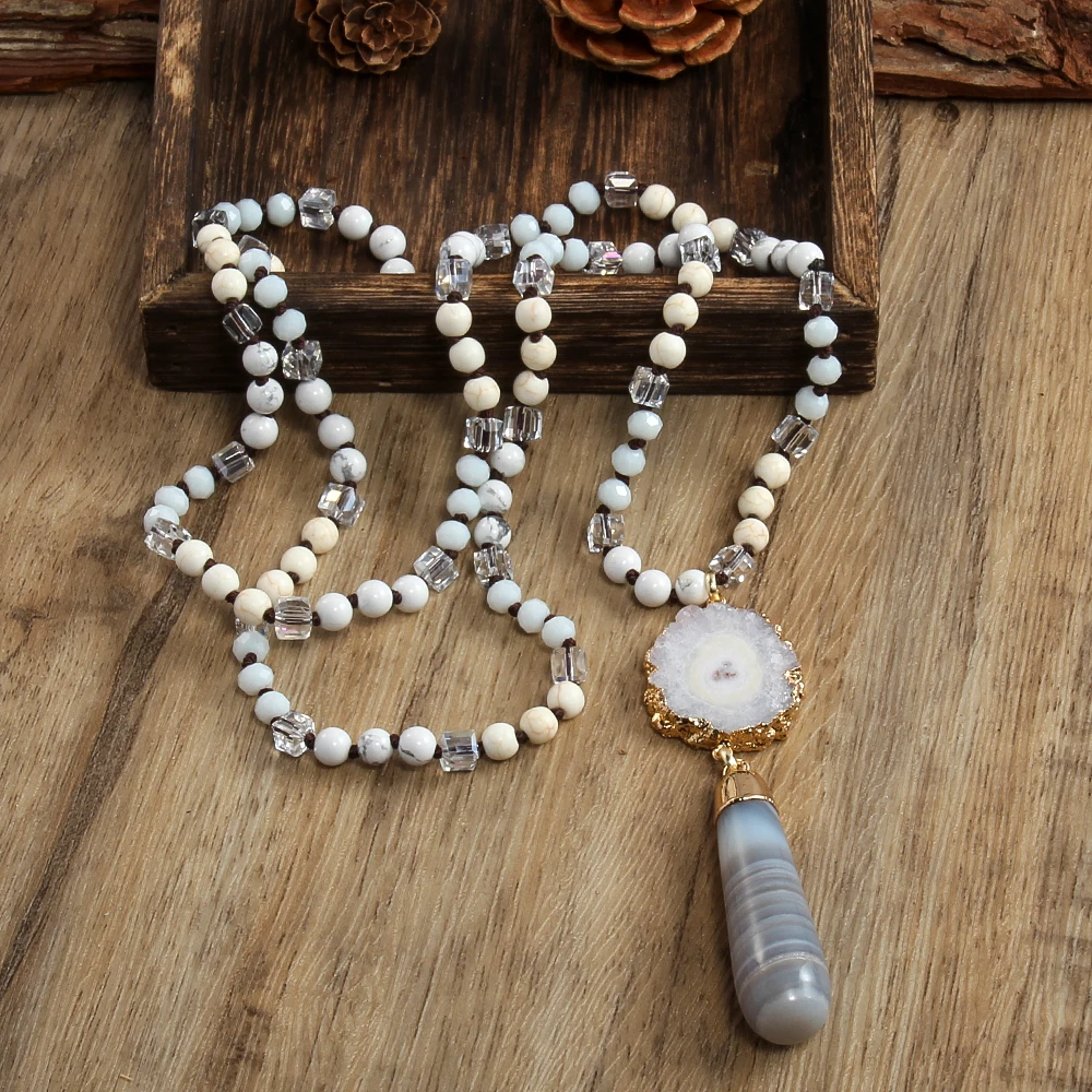Irregular Sunflower Agate Bohemian Jewelry 6mm Natural Stone Glass Knot Necklace Striped Agate Drop Pendant Necklace