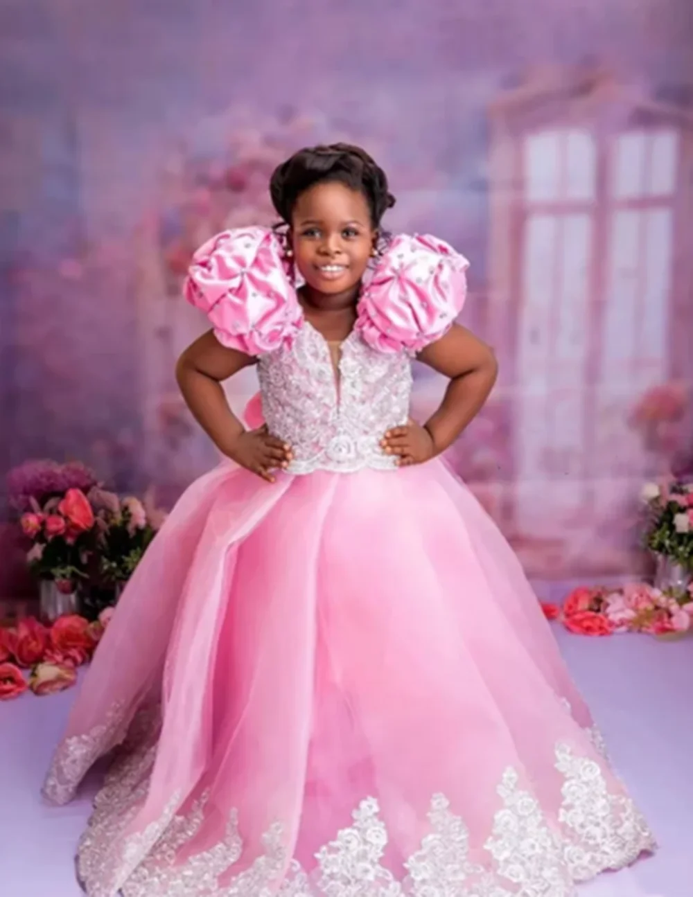 

Princess Flower Girl Dress Lace Appliques Pleated Floor Length Dresses For Wedding First Communion Birthday Party Gowns