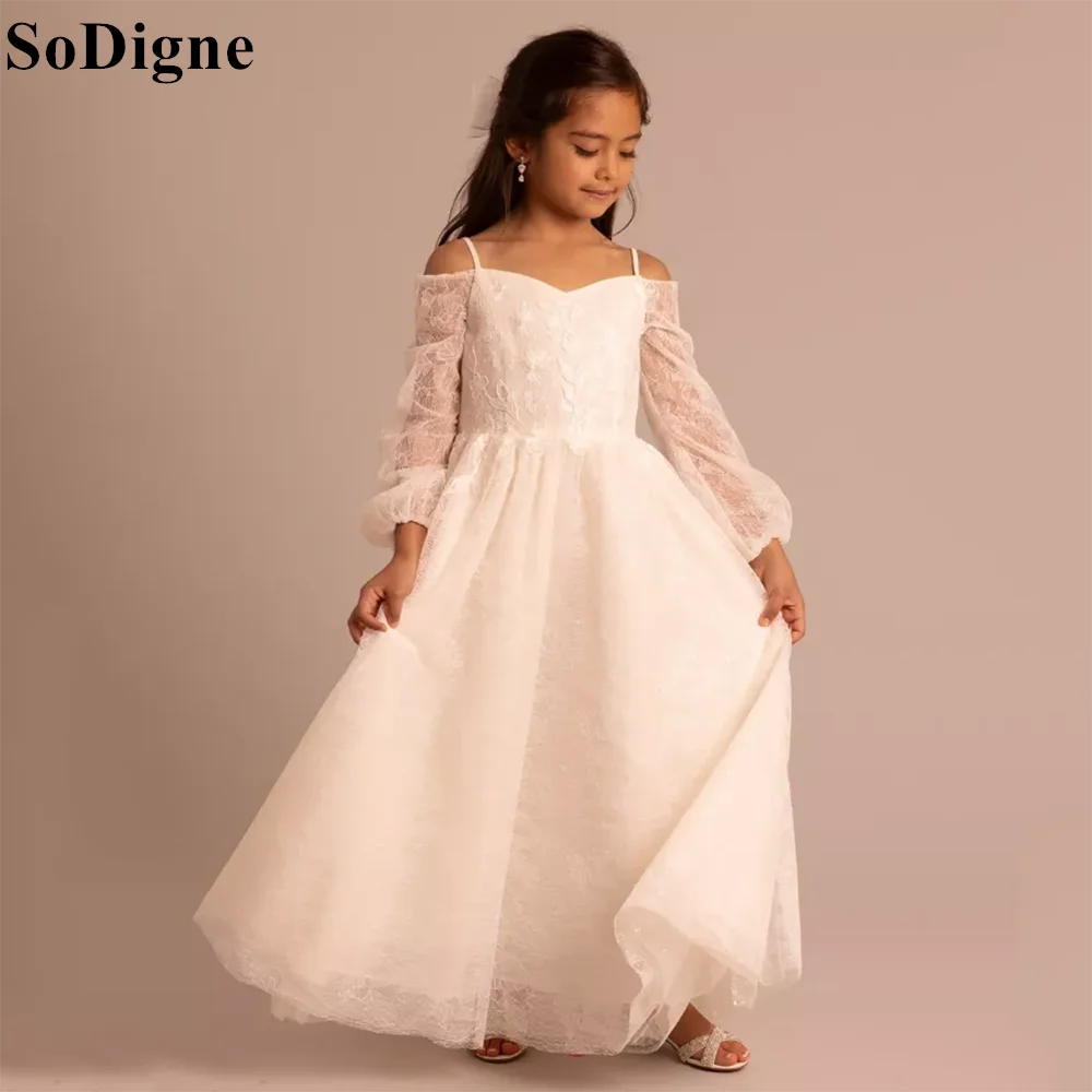 

SoDigne Chic Lace First Communion Dresses A-Line Spaghetti Strap Flower Girl Dresses For Wedding Birthday Party Gowns Customized