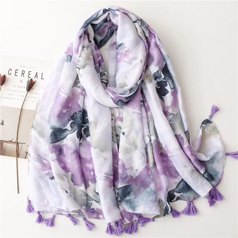 Ethnic Women's Turban Vintage Long Purple Tie Dye Elegant Muslim Hijab Neck Warmer Autumn Winter Women's Head Scarf