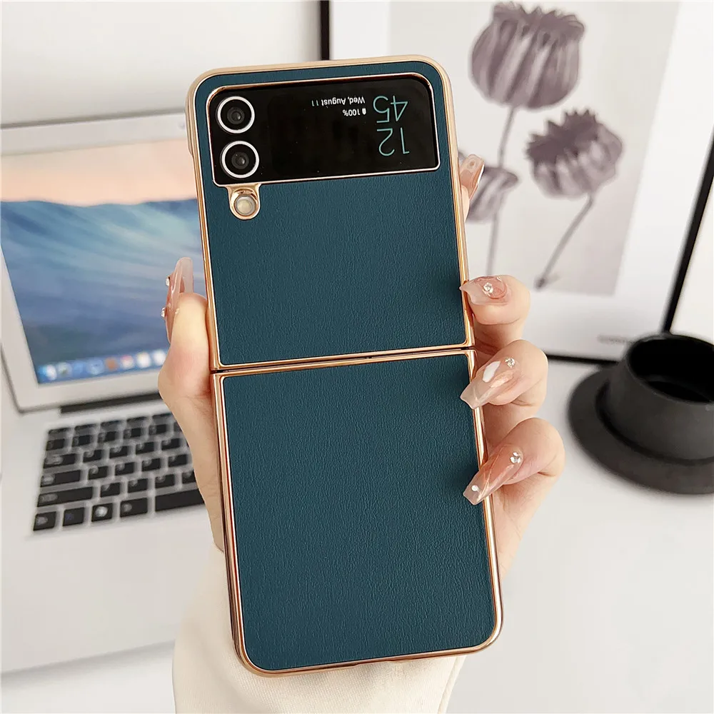 

ZFlip4 Premium Lambskin Leather Case For Samsung Galaxy Z Flip 4 5G ZFlip 3 Luxury Business 6D Gold Plating Hard Back Cover