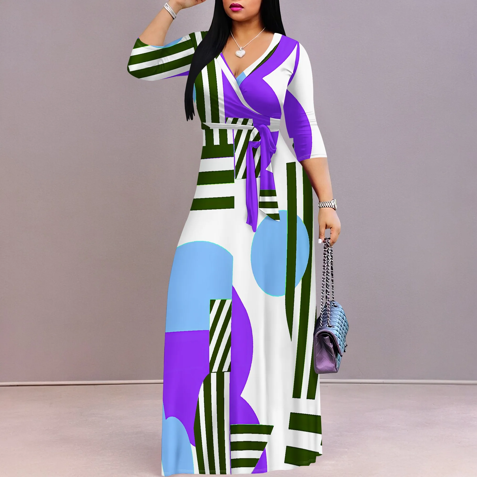 Abito lungo Boho ampio da donna a maniche corte sexy con scollo a V, abito lungo da vacanza casual con orlo diviso stampato alla moda