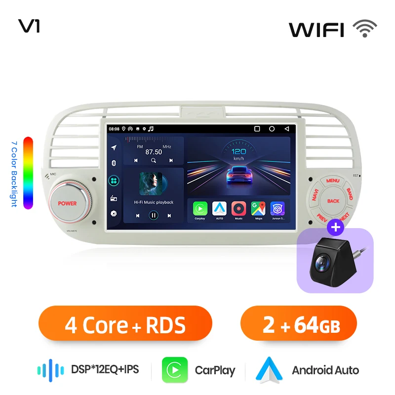 Junsun 7 inch draadloze CarPlay Android Auto autoradio voor Fiat 500 500C Abarth 2007-2015 Multimedia draadloze Apple CarPlay Smart Intelligent Systems IPS touchscreen stereo videospeler 2 Din