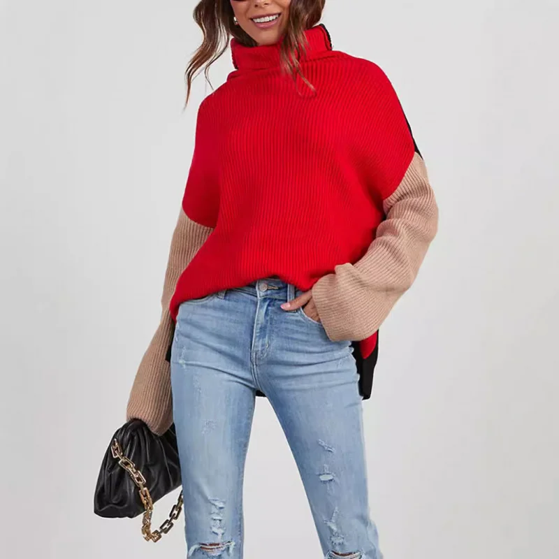 

Осенний новый цветной топ с длинными рукавами, женский свободный повседневный стиль, пуловер с высоким воротом, теплый свитер