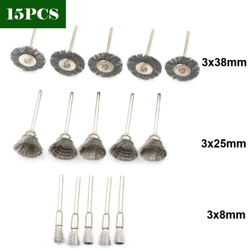 15Pcs/set Mini Wire End Brush Stainless Steel/Brass for Dremel 3mm 1/8\