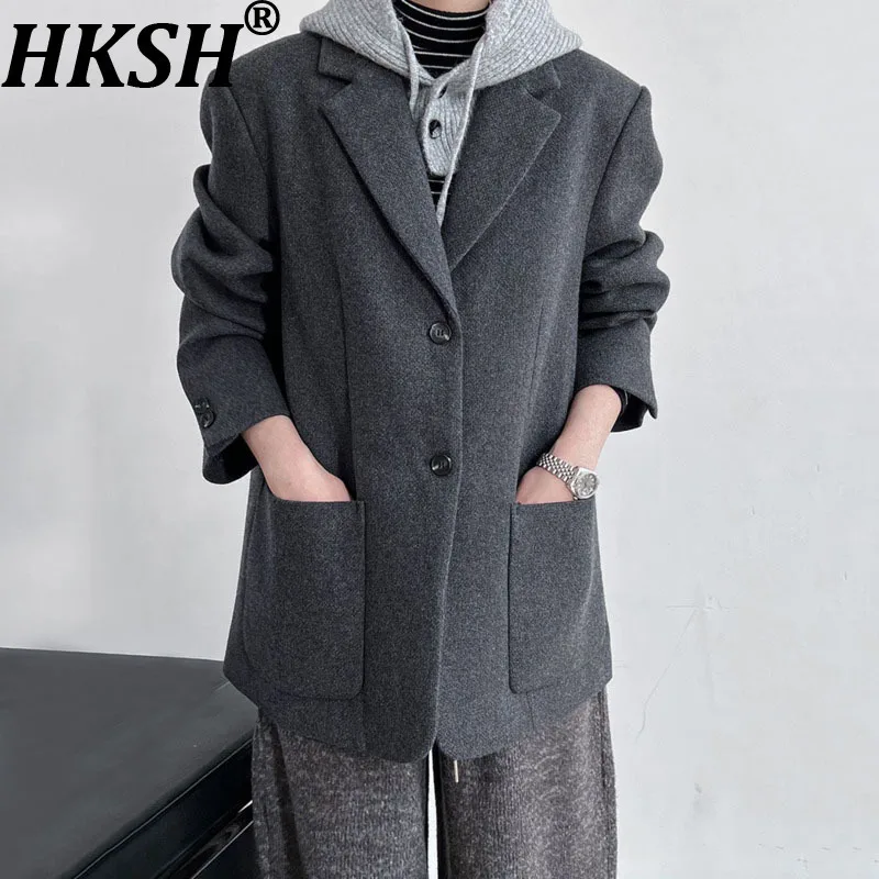 

HKSH 2023, осенне-зимний новый женский шерстяной пиджак, однотонный однобортный пиджак с карманами, высококачественное элегантное официальное женское пальто HK13593