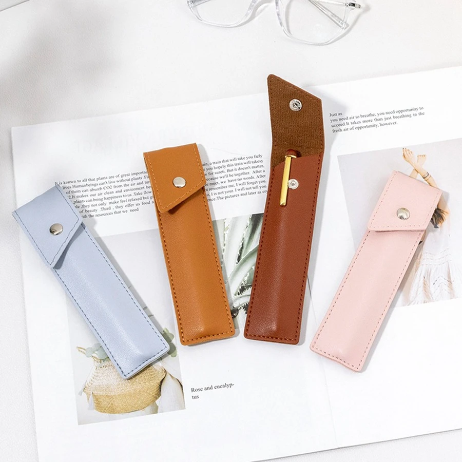Creative Button Square Leather Pencil Case Solid Color Single Leather Signature Pen Protective Bag Business Office Pencil Bag