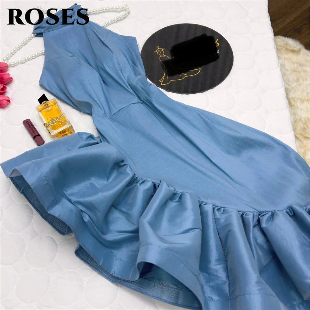 ROSES – robe de bal bleue sans manches, en Satin, col licou, robe de Gala avec volants asymétriques, robe de soirée arabe saoudienne, personnalisée