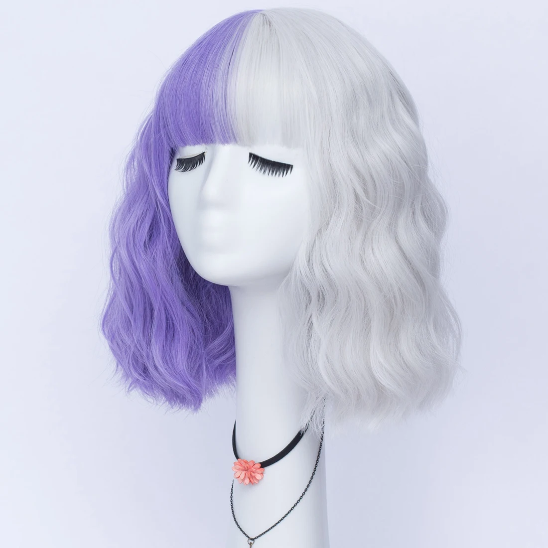Half Purple Half White Short Curly Wig With Bangs Heat Resistant Synthetic Hair Cosplay Wig For Women Daily Party