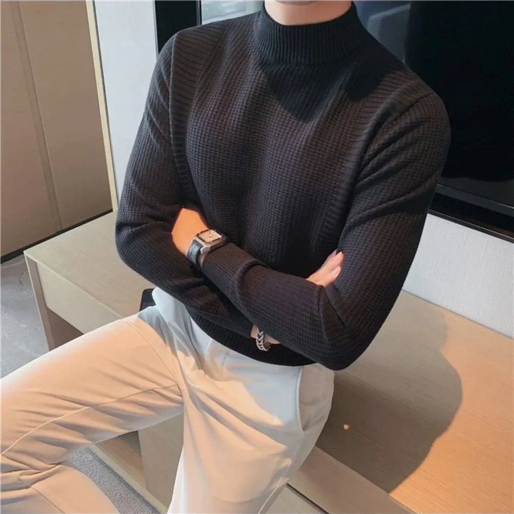 Knitwear Turtleneck Men's Knit Sweater Slim Fit Cotton Solid Color High Collar Pullovers Male Vintage Quality Harajuku Cashmere