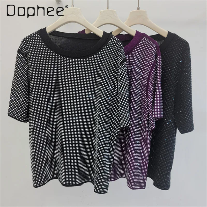 

Heavy Industry Hot Diamond Round Neck Short Sleeve T-Shirt European Street Trend Solid Color Versatile Loose Casual Top Women