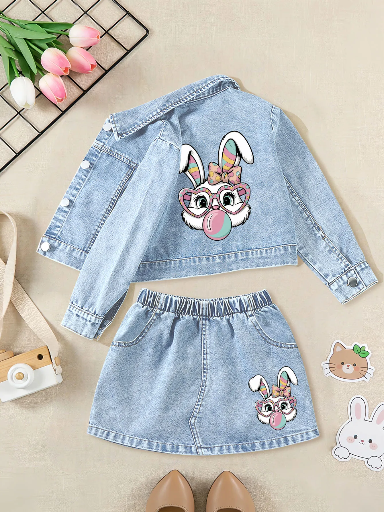 2 pieces: Easter Day Girls' Summer Sweet Cute Denim Dress Set with Cartoon Bubble-blowing Rabbit Prints
