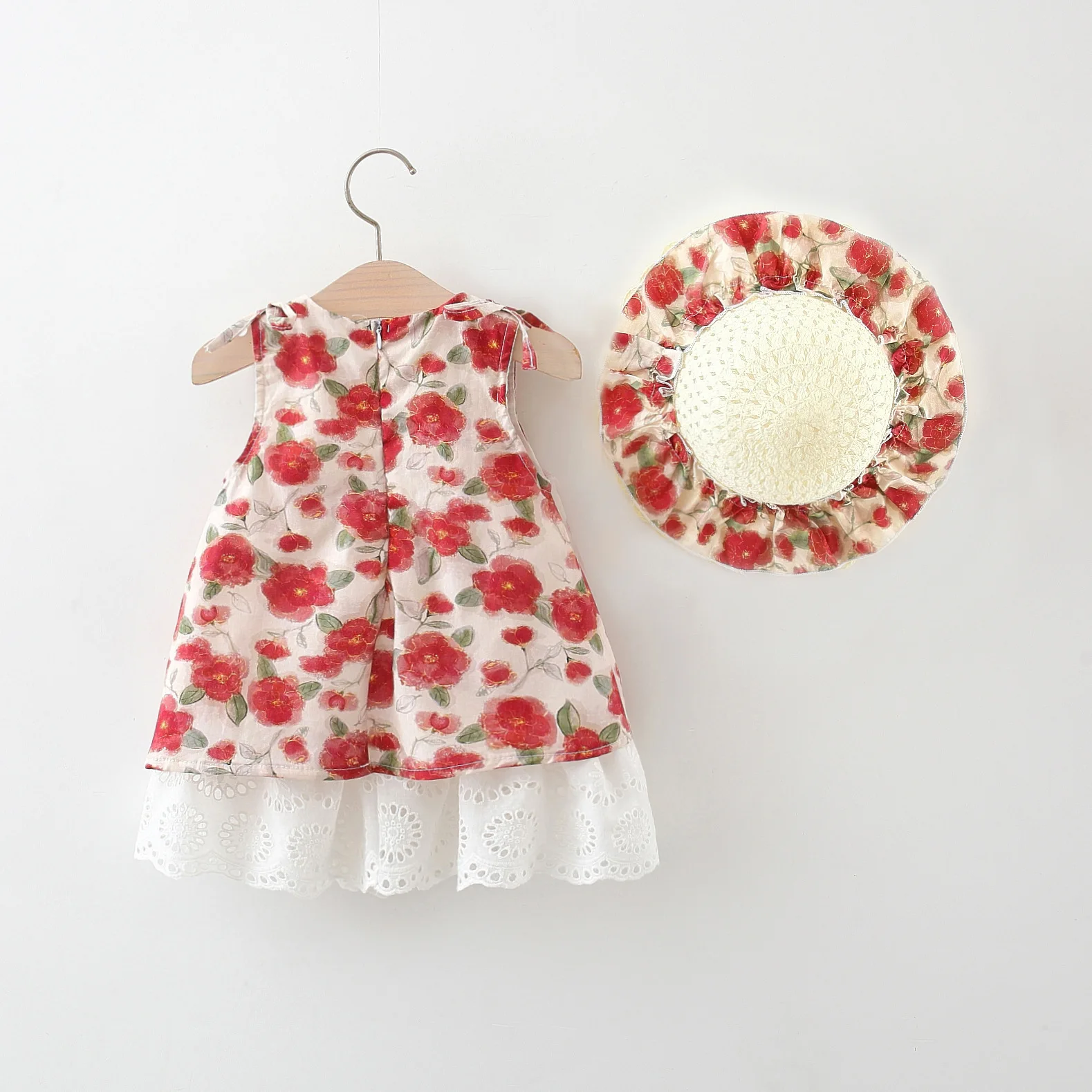 Baby Girl Dress Summer Red Flower Girl Vacation Dress Cute Beach Princess Dress With Hat