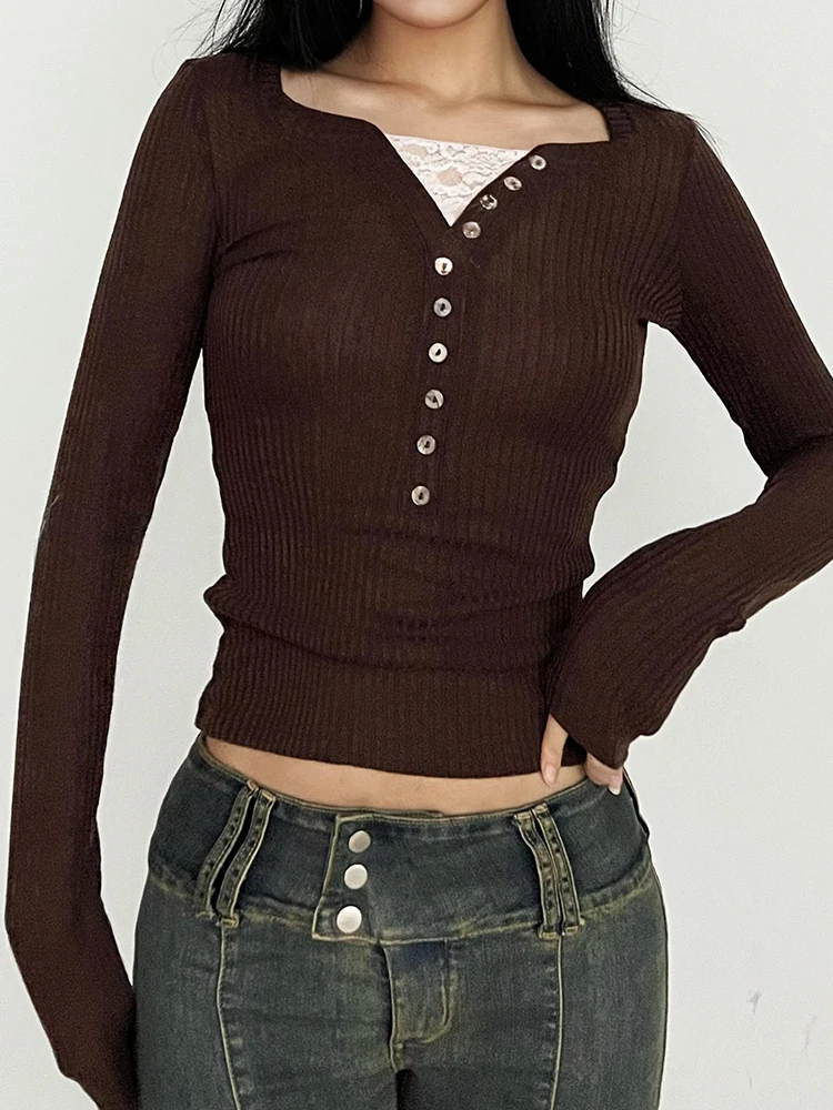 Contrast Lace Patchwork Ribbed Slim Basic Long Sleeve T Shirt Women Brown American Retro Spring Autumn Button Tees