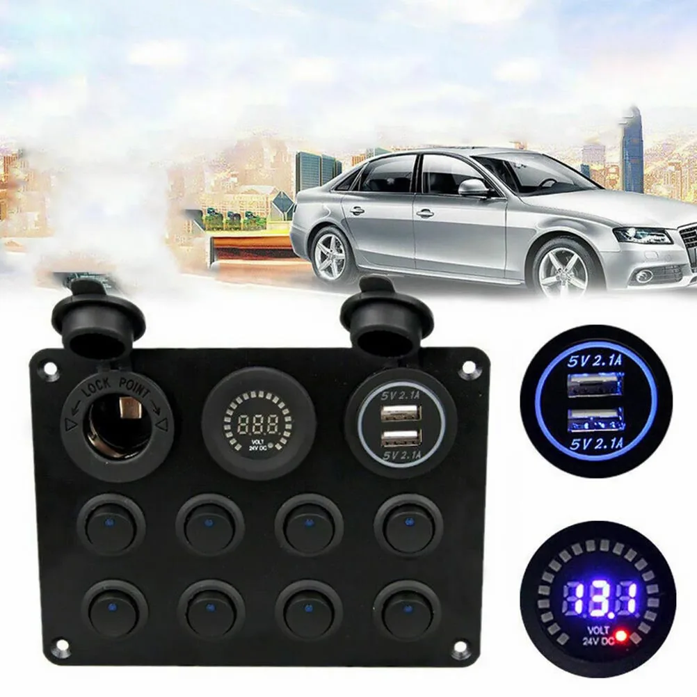 

8 Gang Switch Panel 12V 24V Car Aluminum Alloy Socket Combination Control Panel Dual USB Charging Digital Voltage Display