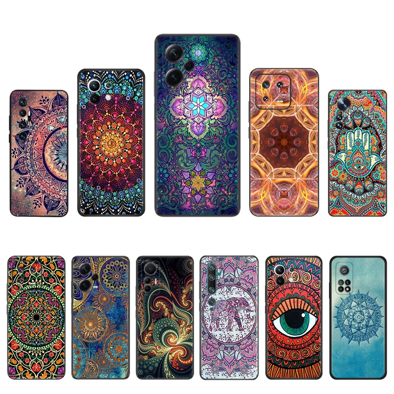 Matte Phone Case for Redmi Note13 Pro 5G 4G Note 12 12c 13c Xiaomi 12X 12T 13 Lite colorful Mandala Flower Black Soft Cover