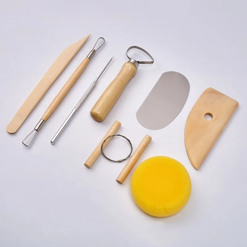 8 Pieces Clay Sculpting Tool Kit Wood Handle Pottery Tool Set with Sponge for DIY Ceramic Modeling Craft