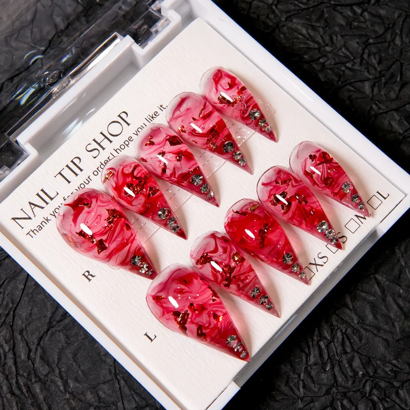 Extra Long Stiletto Press On Nails Red Ink Swirl False Nails Handmade Red Foil Rhinestone Nail Art For Cosplay Halloween Party