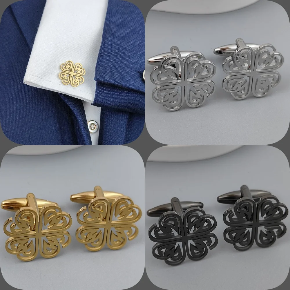 

Gold-plated four-leaf clover petal cufflinks, French shirt cuff accessories, black stainless steel suit, formal match