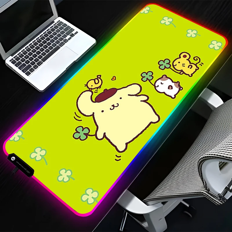 

RGB светодиодный коврик для мыши, резиновый коврик для мыши с рисунком, игровой коврик, аксессуары для ПК, настольный коврик, нескользящий коврик для стола, офисный коврик для клавиатуры P-pompompurin
