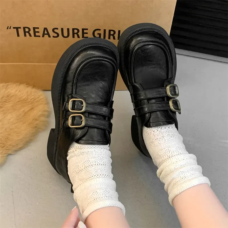 Shoes Woman 2024 Clogs Platform Black Flats Oxfords Round Toe Autumn Female Footwear Casual Sneaker Loers With Fur British New