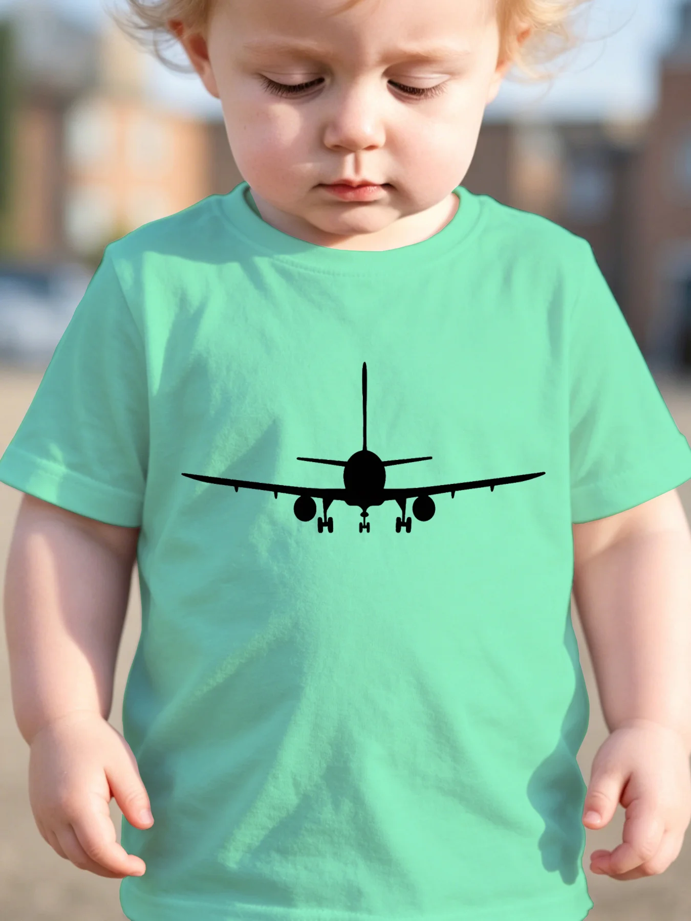Toddler Boys Aviation‑Theme Airplane Silhouette 2D‑Print T‑Shirt, Breathable Casual Summer Crew‑Neck Top