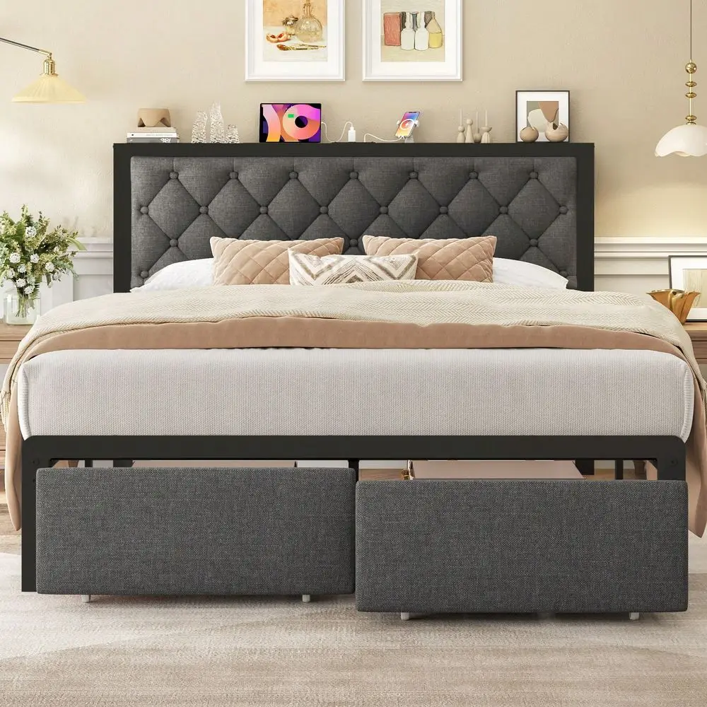 Bed Frame With 2 Storage Drawers, Tufted Upholstered Headboard With Charging Post, No Springs, No Noise, AllMetal Construction,G