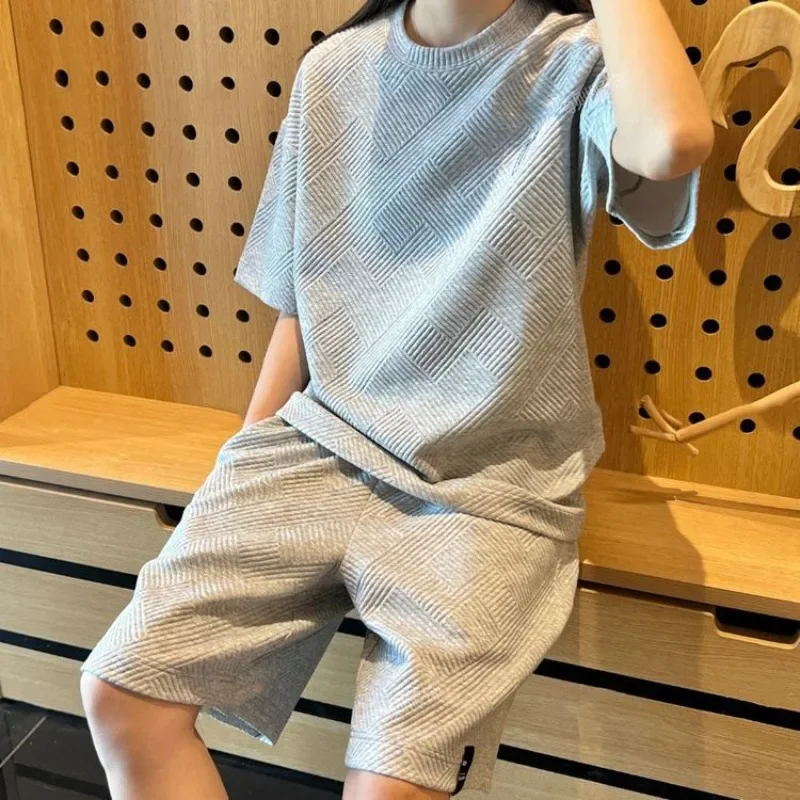 Summertime Stylish Casual Sports Suit Gentleman Short-sleeved T-shirts Male Couple Waffle Shorts A Complete Set of Sleepwear