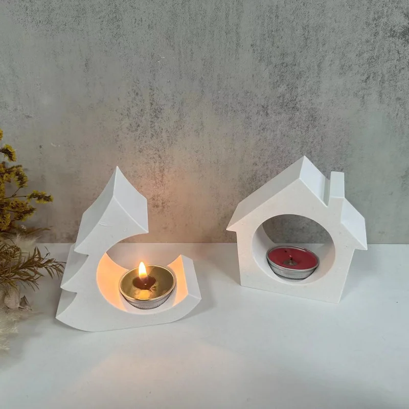 

Small House Christmas Tree Tea Light Aromatherapy Candle Holder Silicone Mold Plaster Cement