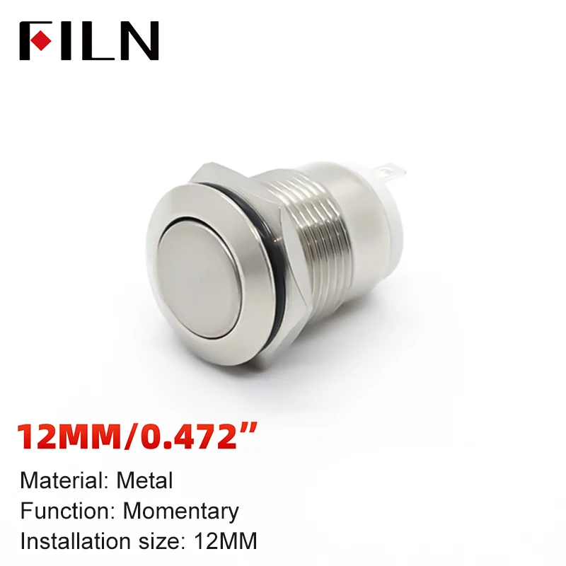 FILN 5pcs 12mm Momentary Push Button Switch 12V Waterproof Power Pushbutton Small Round Chrome Stainless Metal 2pin N/O