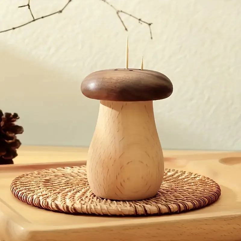 

1pc Mushroom Shaped Toothpick Holder Natural Wood with Black Walnut Finish Decorative Toothpick Dispenser for Kitchen