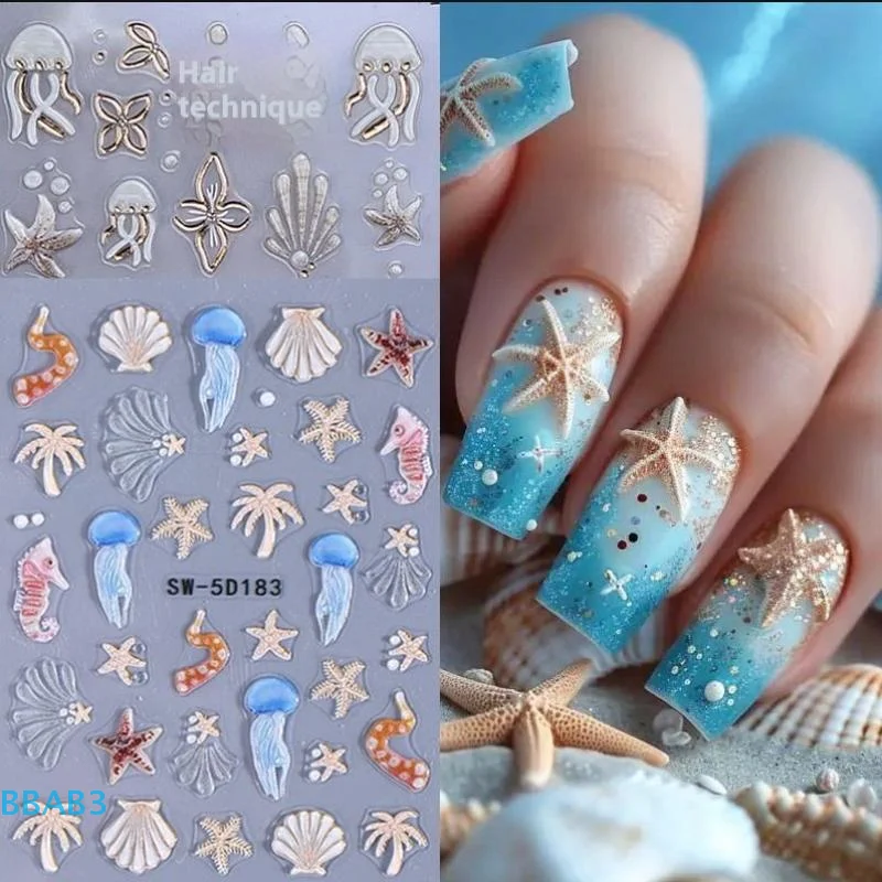 

【B】Jellyfish Summer Beach Nail Stickers Colorful Shell Starfish Conch Fish Adhesive Sliders Embossed Decals Manicure Foils Decor