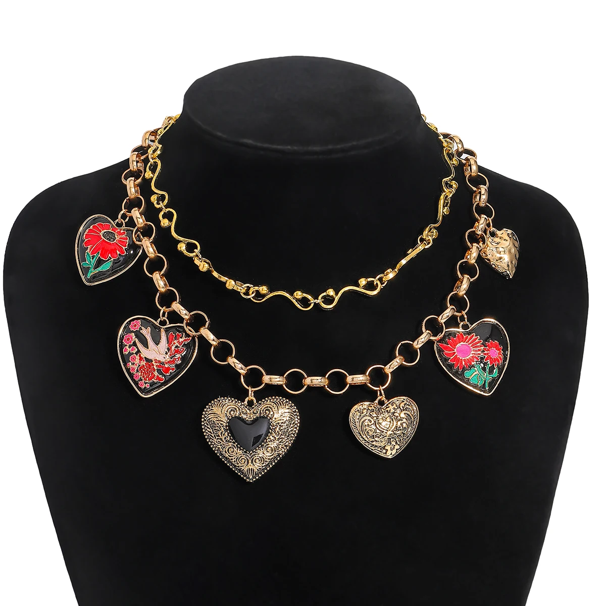 

ZAA Multilayer Heart Pendant Necklace Vintage Metal Chain Enamel Flower Necklace Jewelry Accessories Suitable For Banquets
